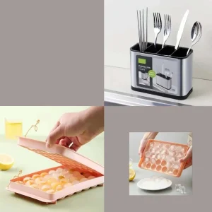 Combo Organizador de Cubiertos y cucharones con 4 Compartimentos y Hielera cubetera en forma de bola de hielo