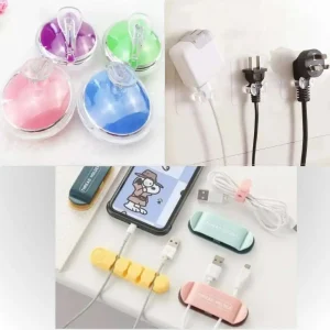 Combo Set de 4 Soporte Organizador de Cables Clips Cepillo masajeador para el cabello y Set de 5 Gancho adhesivo multiuso transparente