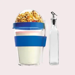 Combo dispensador de aceite 500 ml + vaso mezclador de acrilico porta Yogurt y Cereales