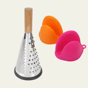 Combo pack de 2 manoplas de silicona + rayador en forma de cono
