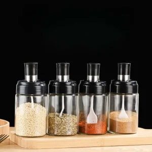 Condimentero de vidrio con cucharita Botella de vidrio para condimentos con tapa sellada