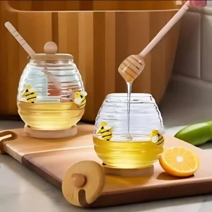 Dispensador de miel con cuchara posavasos y tapa de madera