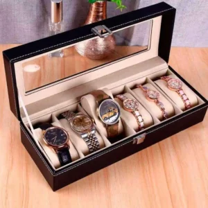Porta Reloj para 6 piezas Caja de reloj de 6 ranuras de piel sintetica con cerradura para reloj con tapa de cristal