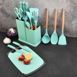 Set de accesorios de cocina cucharones cuchillo tijera y tabla de picar Juego de utensilios de cocina de silicona con tabla de cortar